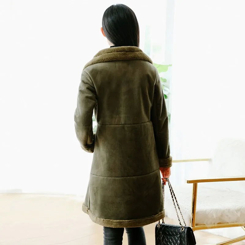 2017 Winter Women Faux Lambs Wool Coat Female Medium Long Thick Warm Shearling Coats Faux Suede Leather Jackets Army Green H034