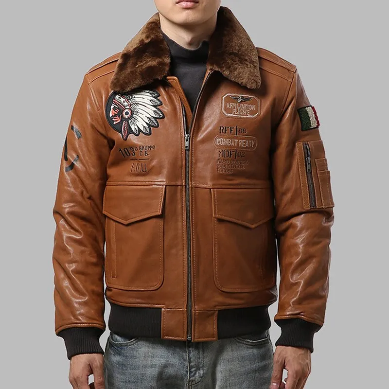 Air Force Men Sheepskin Leather Jacket Oversized 3D Indian Head