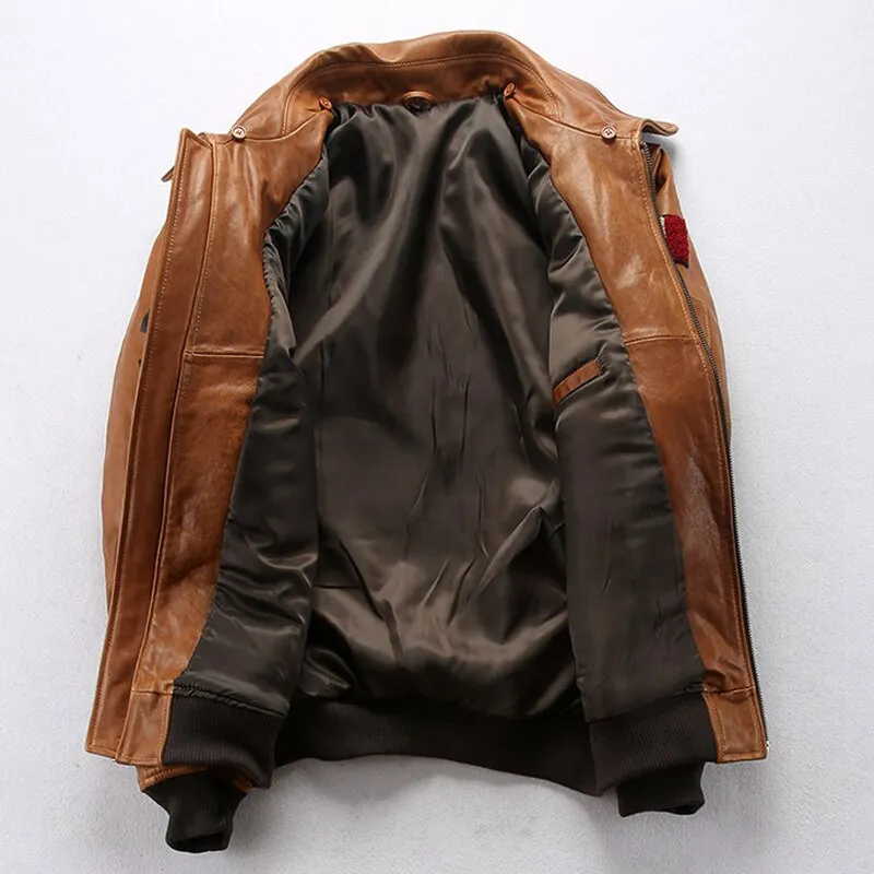 Air Force Men Sheepskin Leather Jacket Oversized 3D Indian Head
