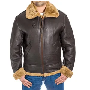 Aviator Faux Fur Brown Men’s Leather Jacket