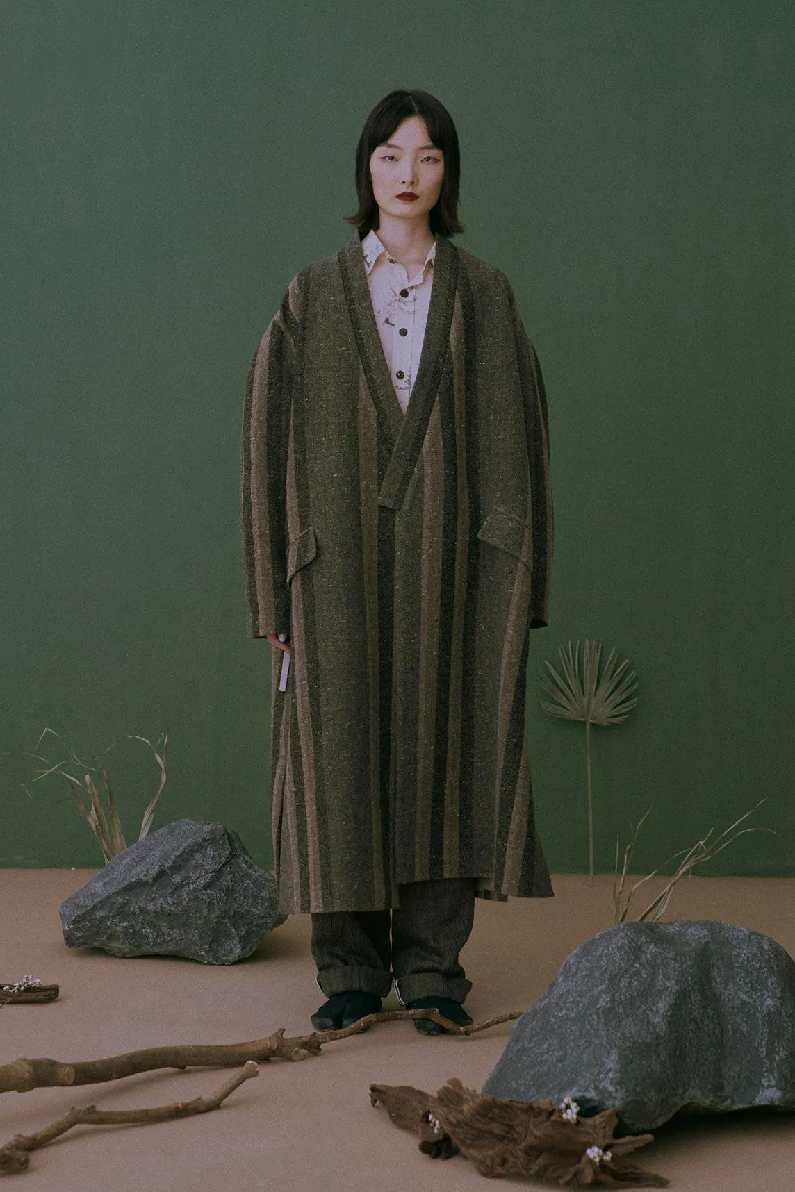 AVIVA JIFEI XUE A21-KJL Reversible Heavy Wool blend Stripe Long Kimono Coat
