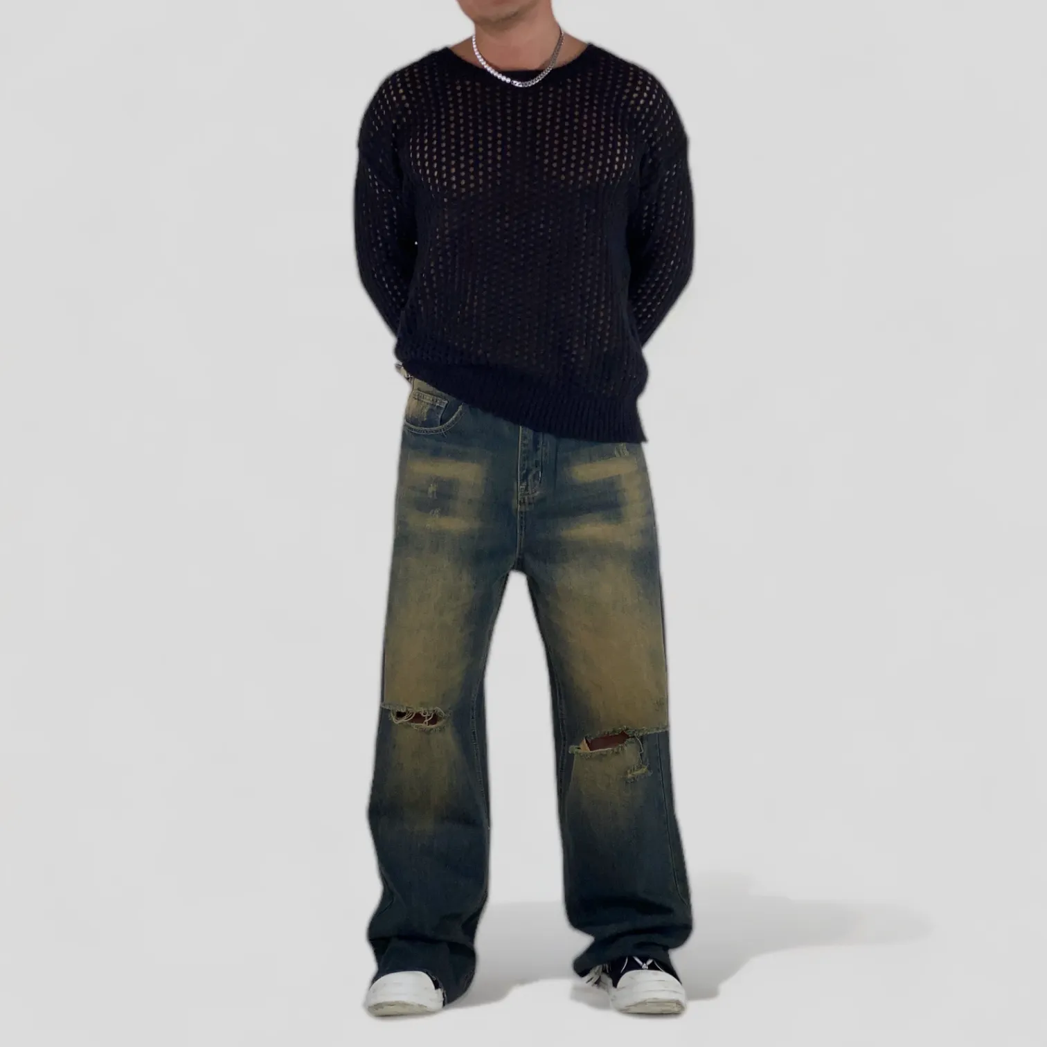 Baggy fit wide leg jeans with antique wash