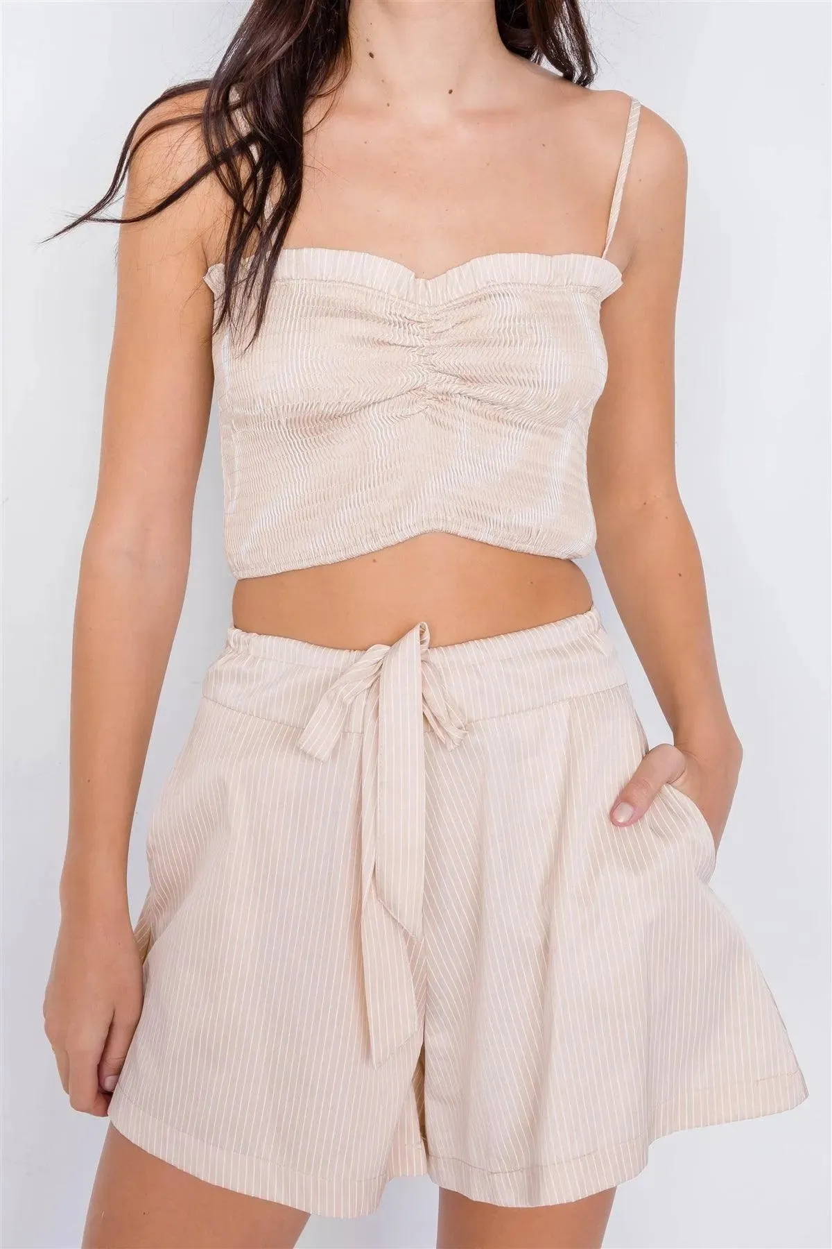 Beige Cotton Tie Dye Pinstripe Square Neck Crop Top & Mini Chic Short Set /3-2-1