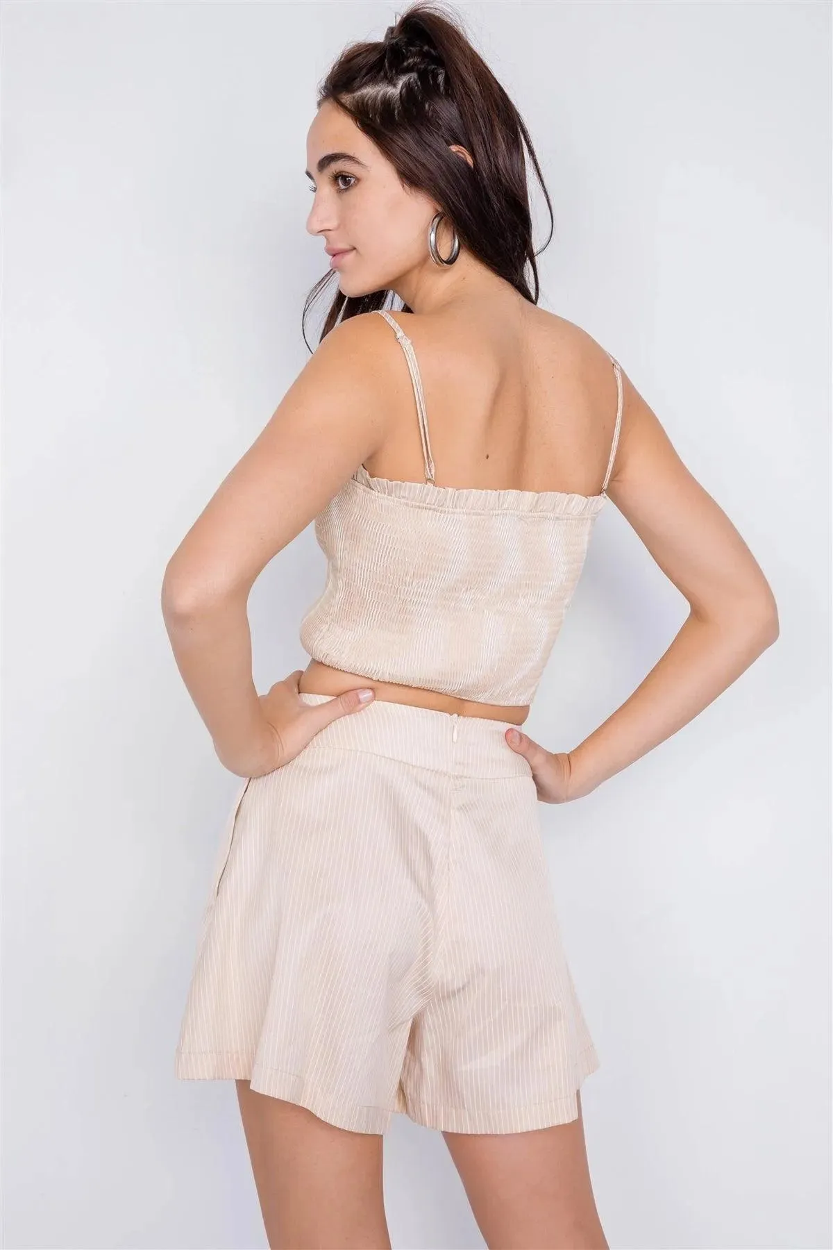 Beige Cotton Tie Dye Pinstripe Square Neck Crop Top & Mini Chic Short Set /3-2-1
