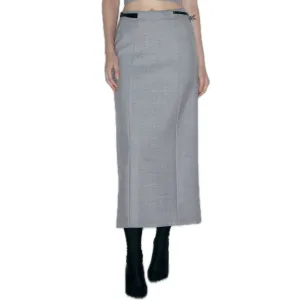 Belted Wool Blend Mid-Length Skirt In Gray