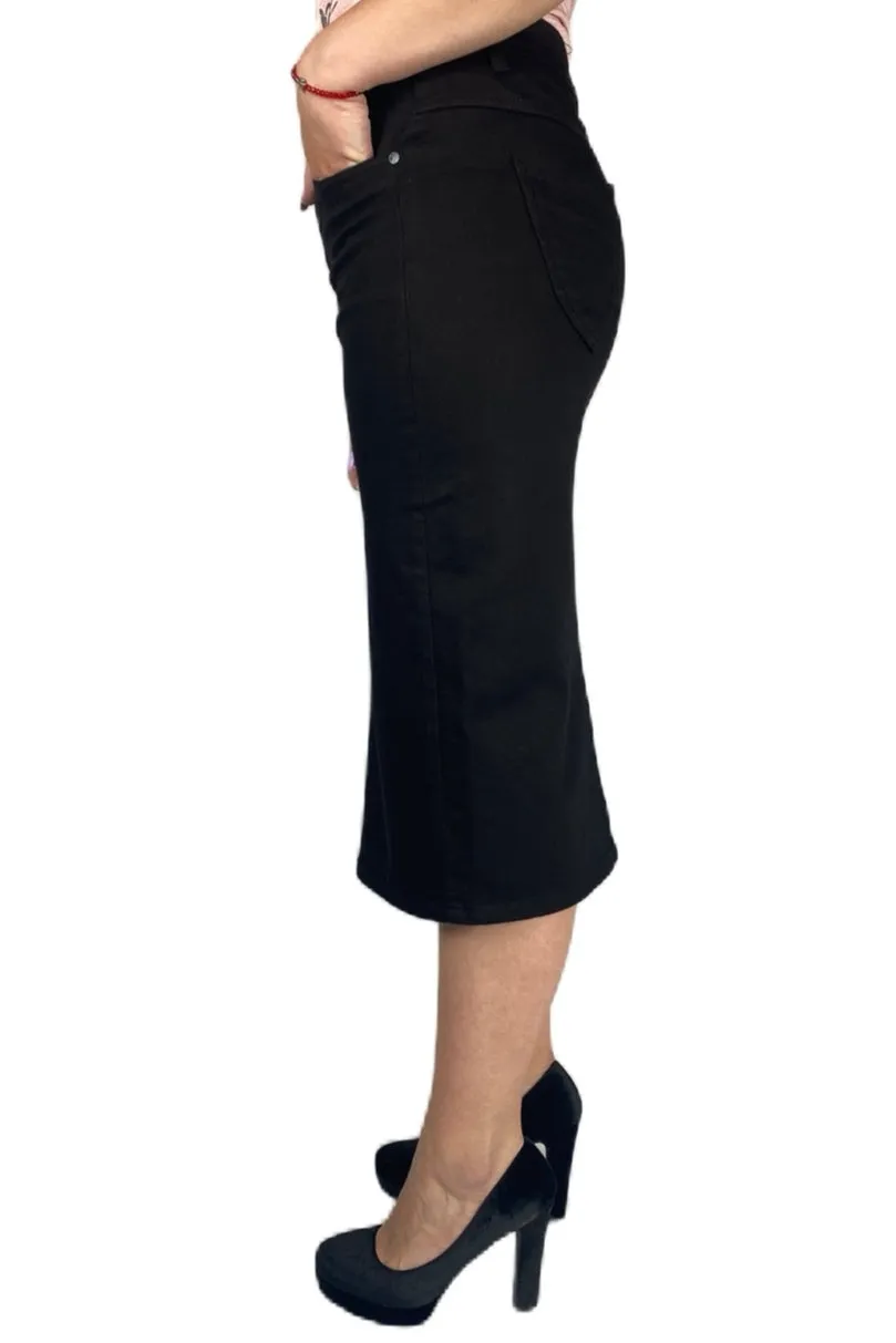 Black Denim Mid-Length Skirt 208-70D