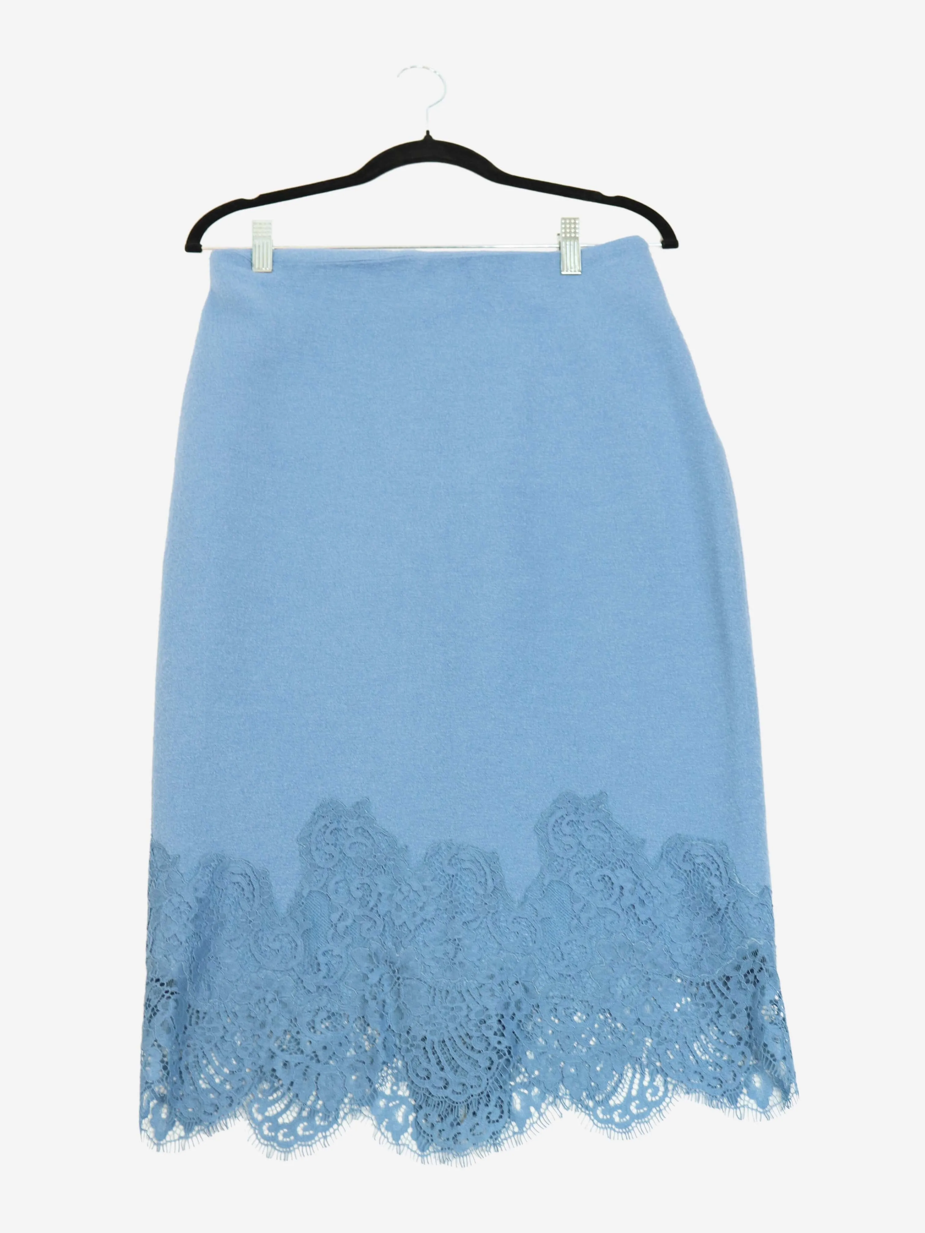 Blue lace hem wool-blend pencil skirt - size UK 12