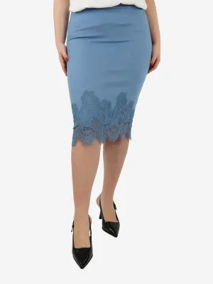 Blue lace hem wool-blend pencil skirt - size UK 12