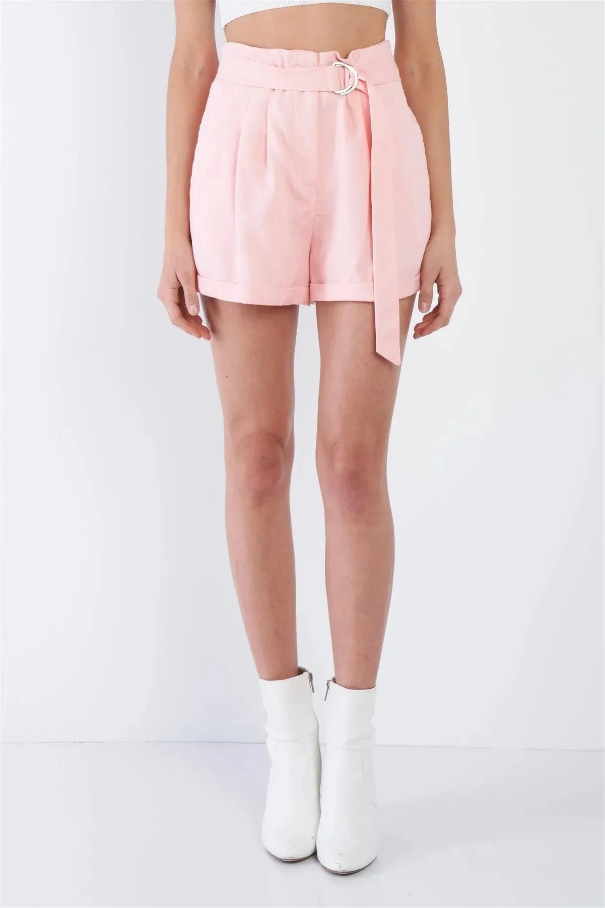 Blush High Waist Tie Sash Pleated Cuffed Hem Mini Shorts /3-2-1