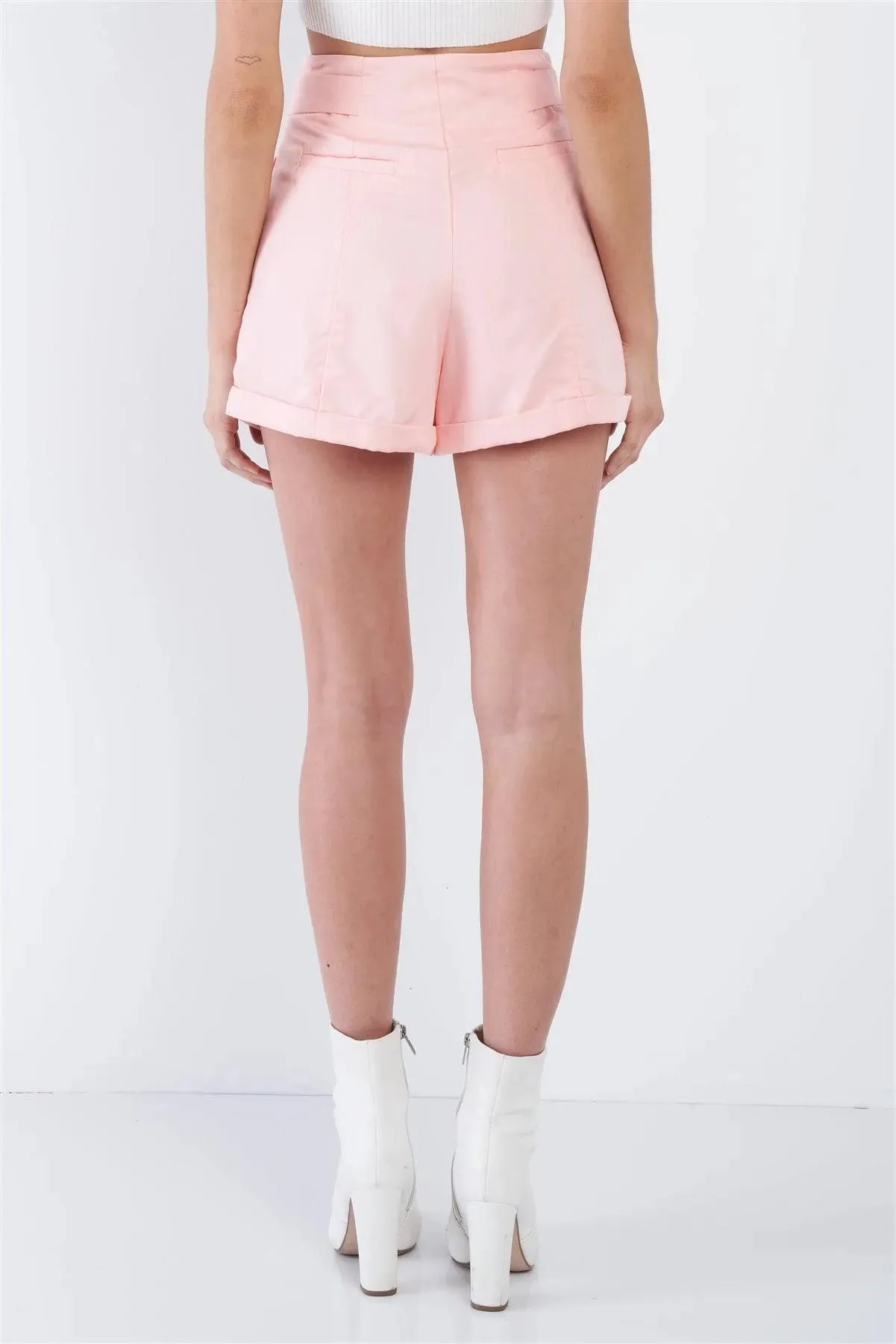 Blush High Waist Tie Sash Pleated Cuffed Hem Mini Shorts /3-2-1