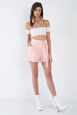 Blush High Waist Tie Sash Pleated Cuffed Hem Mini Shorts /3-2-1