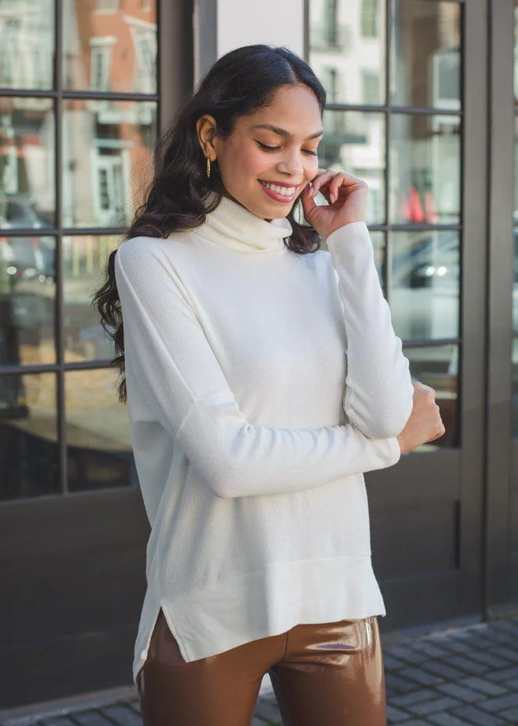 Bobi Split Hem Turtleneck - White-***FINAL SALE***