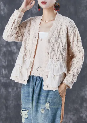Classy Apricot Ruffles Patchwork Knit Cardigan Two Piece Set Fall ML3027