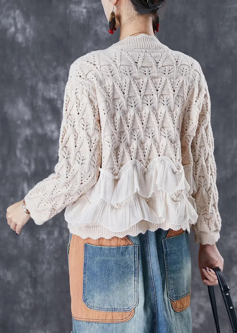 Classy Apricot Ruffles Patchwork Knit Cardigan Two Piece Set Fall ML3027