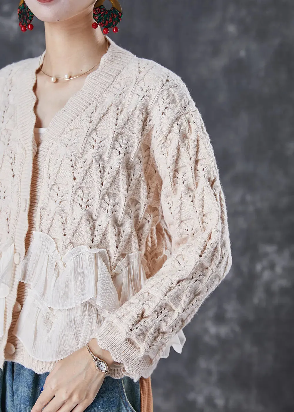 Classy Apricot Ruffles Patchwork Knit Cardigan Two Piece Set Fall ML3027