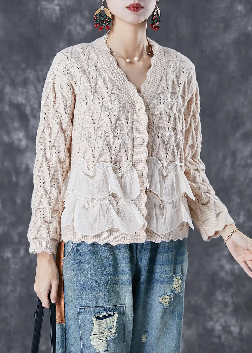 Classy Apricot Ruffles Patchwork Knit Cardigan Two Piece Set Fall ML3027
