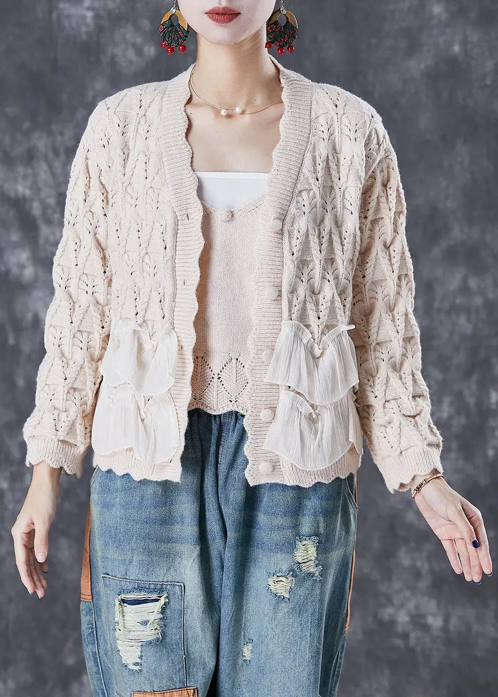 Classy Apricot Ruffles Patchwork Knit Cardigan Two Piece Set Fall ML3027