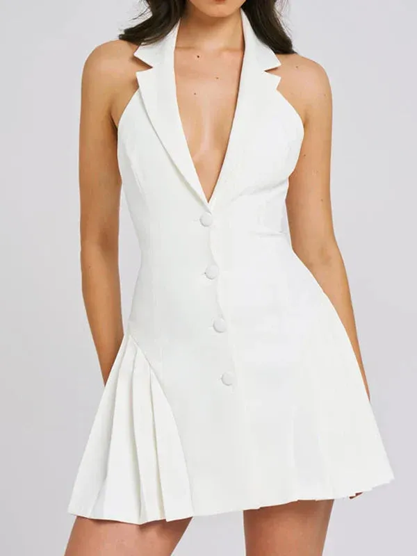 Collar Buttoned Backless Charming Suit Mini Dress