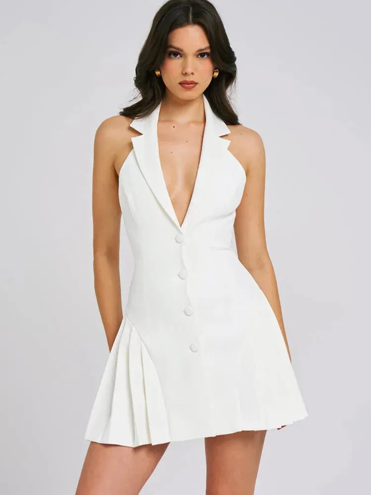 Collar Buttoned Backless Charming Suit Mini Dress