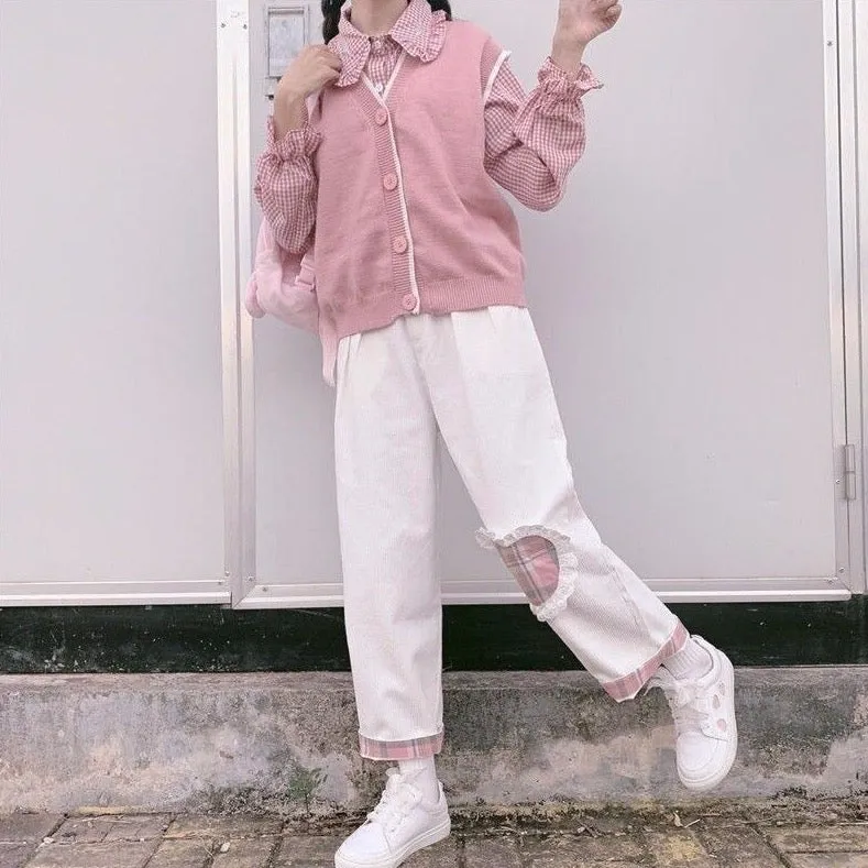 Corduroy Pants With Plaid Heart Patch