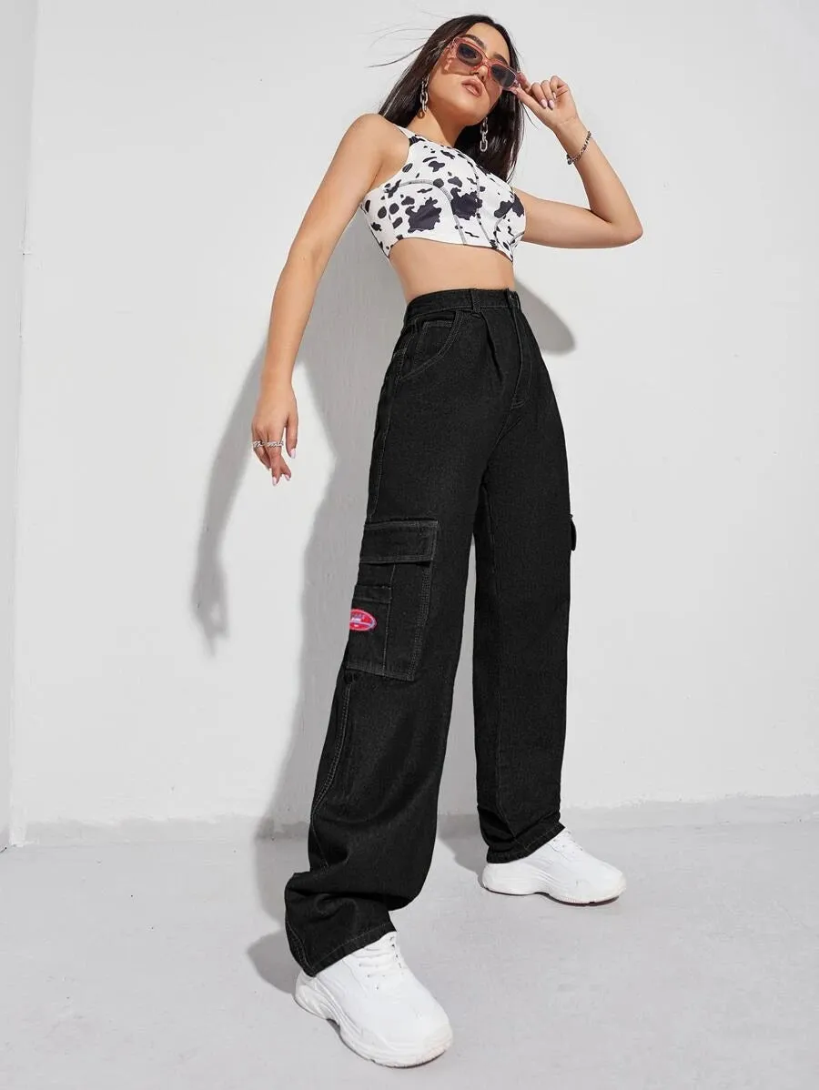 Denim High Waist Flap Pocket Wide Leg Jeans