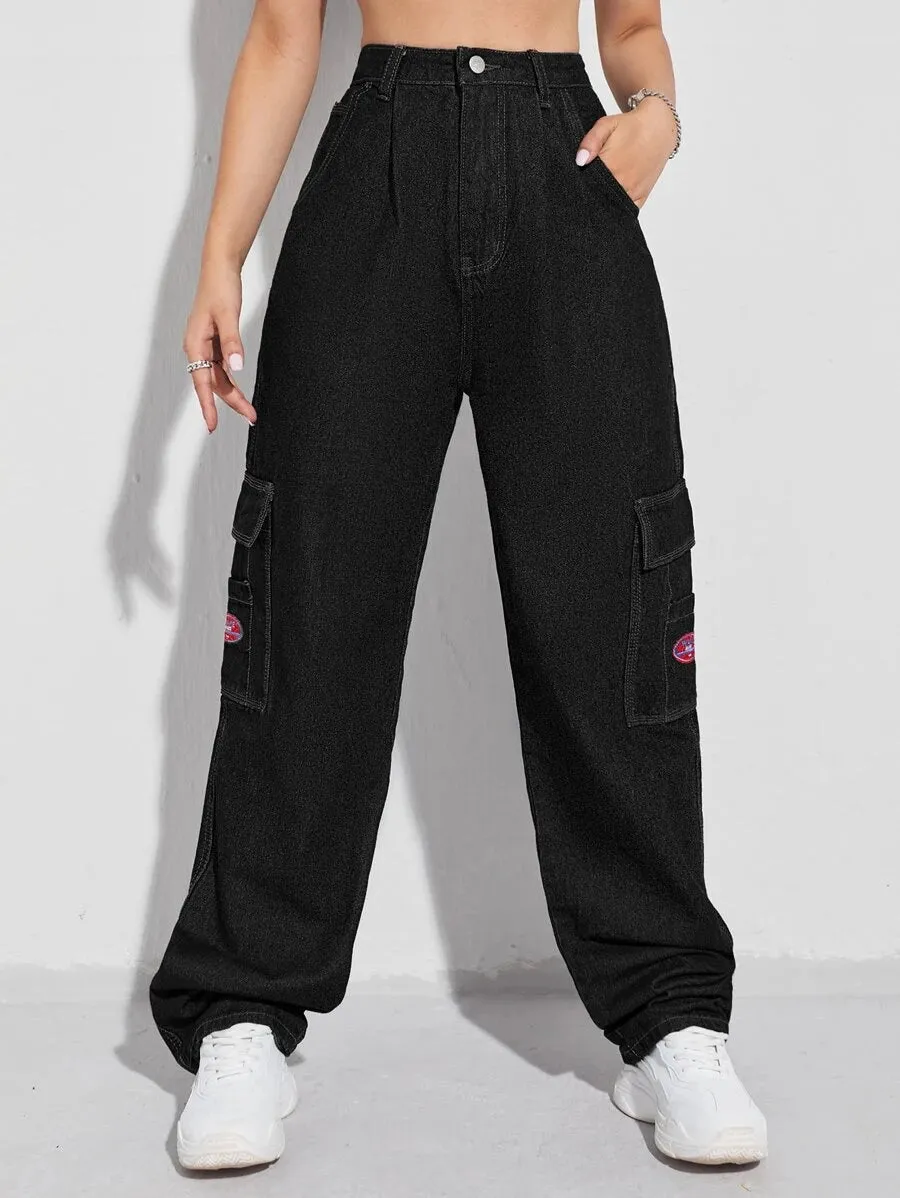 Denim High Waist Flap Pocket Wide Leg Jeans