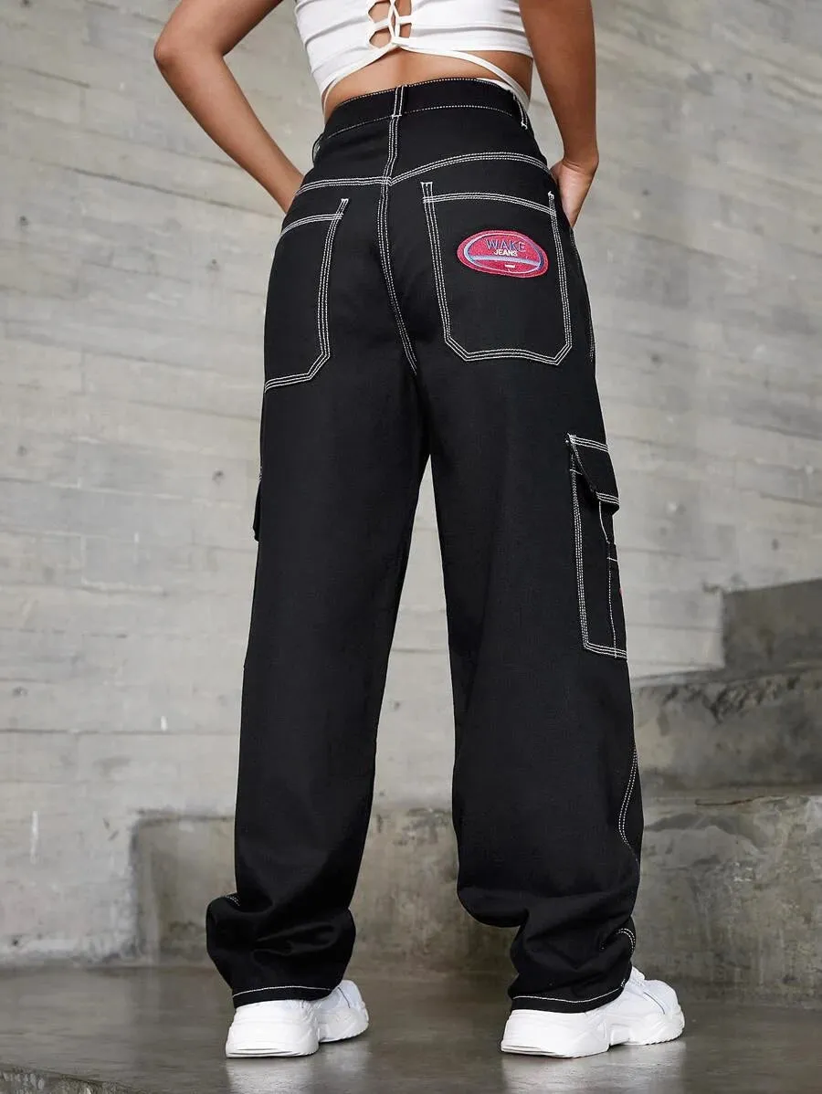 Denim High Waist Flap Pocket Wide Leg Jeans