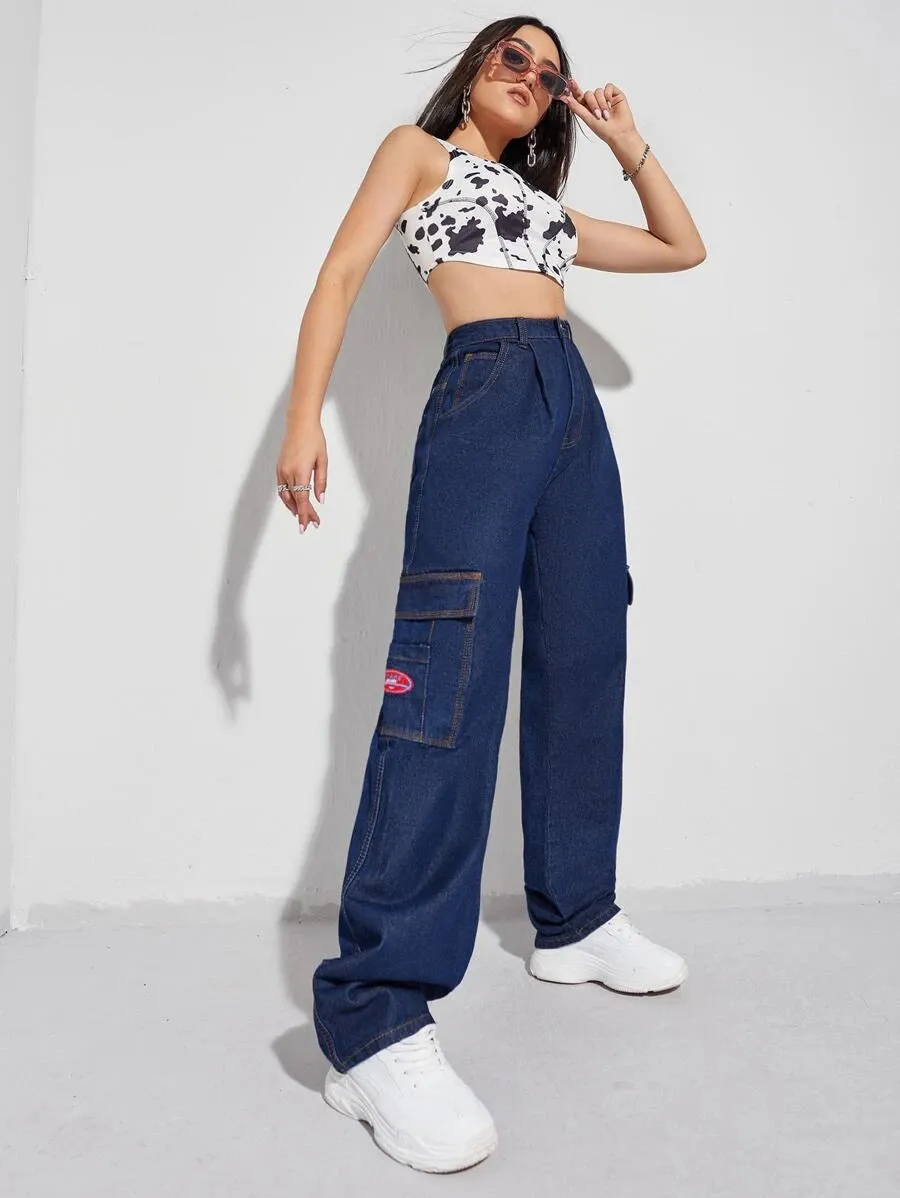 Denim High Waist Flap Pocket Wide Leg Jeans