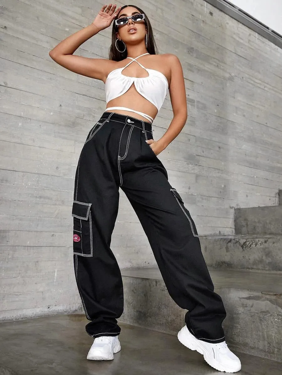 Denim High Waist Flap Pocket Wide Leg Jeans