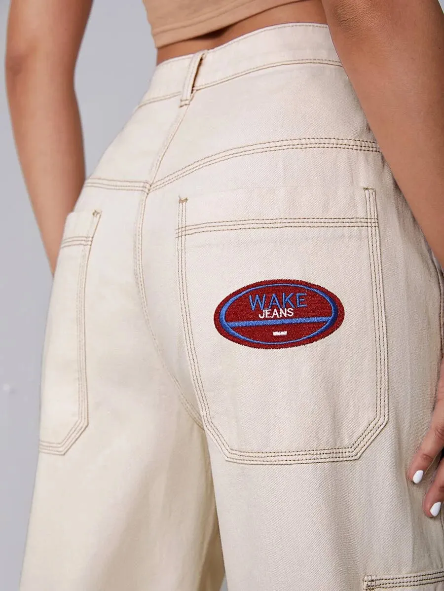 Denim High Waist Flap Pocket Wide Leg Jeans