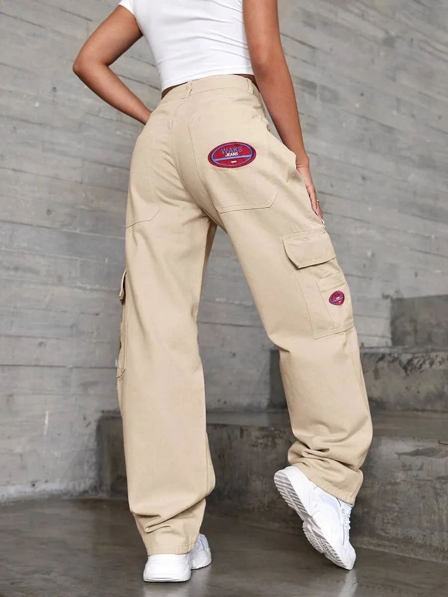 Denim High Waist Flap Pocket Wide Leg Jeans