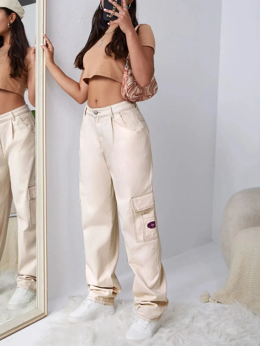 Denim High Waist Flap Pocket Wide Leg Jeans