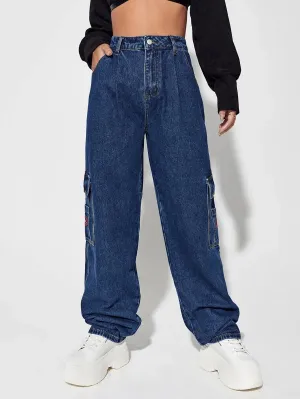 Denim High Waist Flap Pocket Wide Leg Jeans