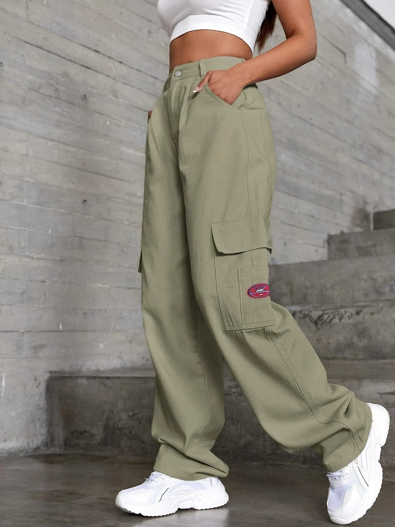 Denim High Waist Flap Pocket Wide Leg Jeans