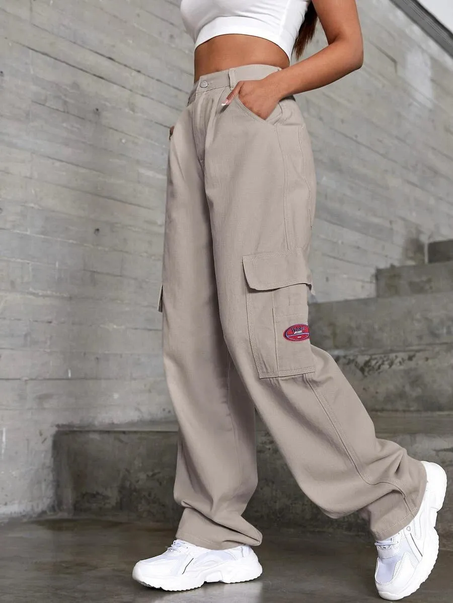 Denim High Waist Flap Pocket Wide Leg Jeans