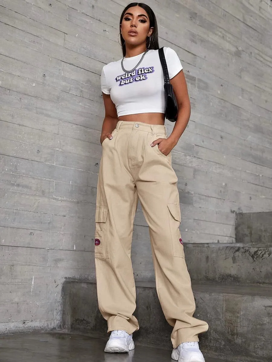 Denim High Waist Flap Pocket Wide Leg Jeans
