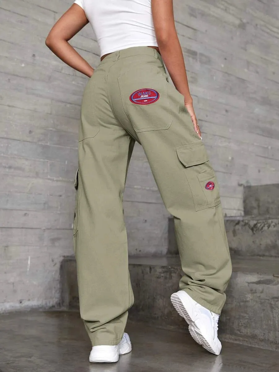 Denim High Waist Flap Pocket Wide Leg Jeans