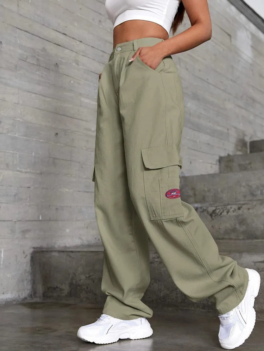 Denim High Waist Flap Pocket Wide Leg Jeans