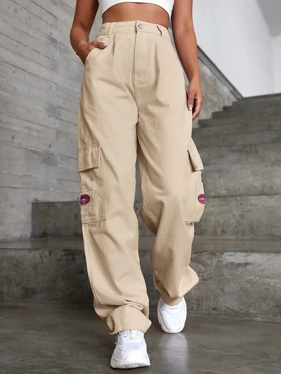 Denim High Waist Flap Pocket Wide Leg Jeans