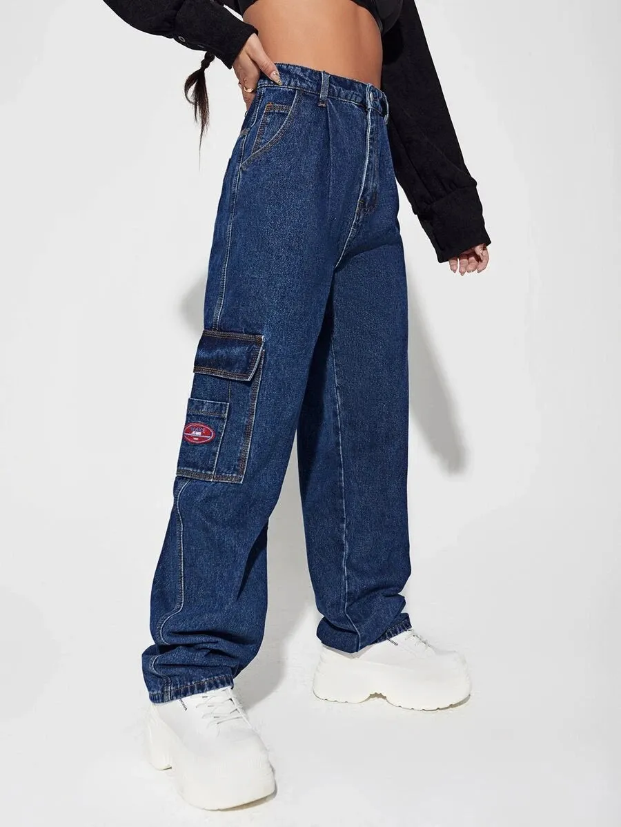 Denim High Waist Flap Pocket Wide Leg Jeans