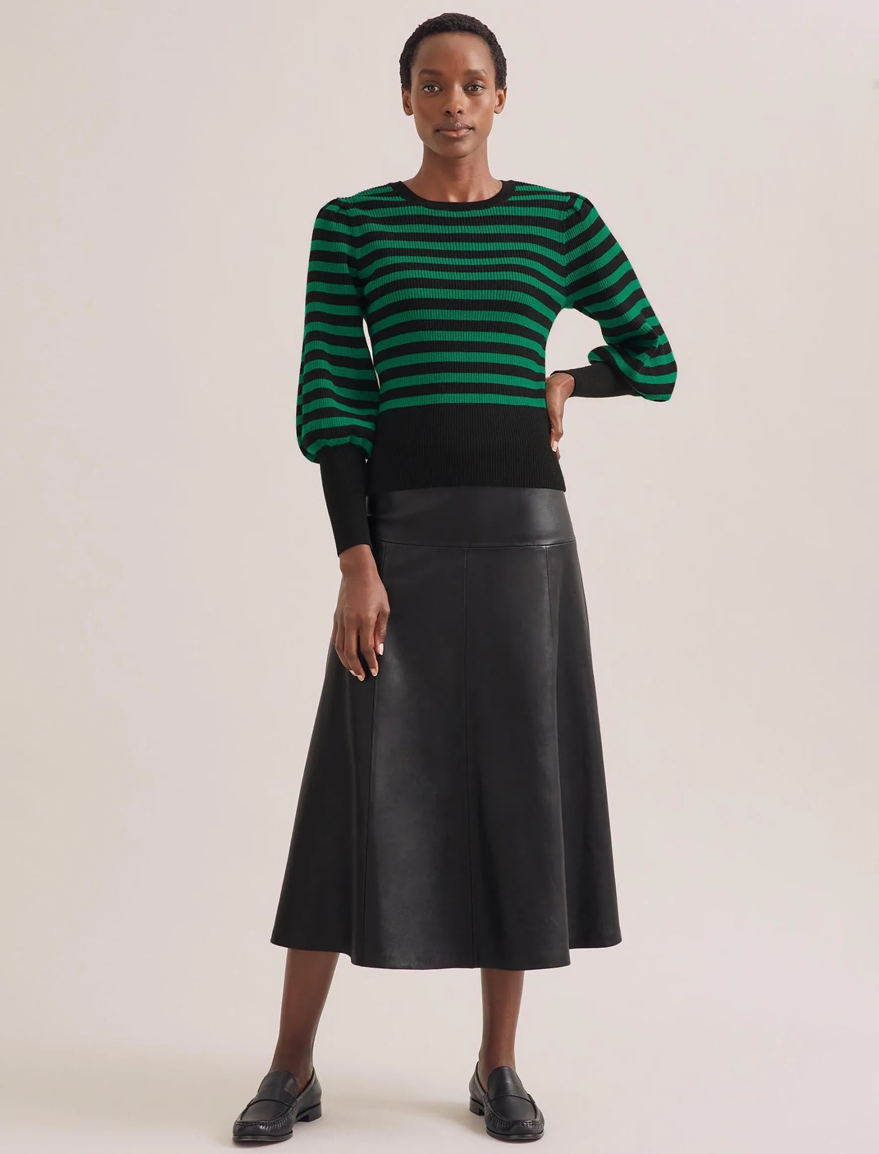 Eva Wool Crew Neck Jumper - Black Emerald Green Stripe