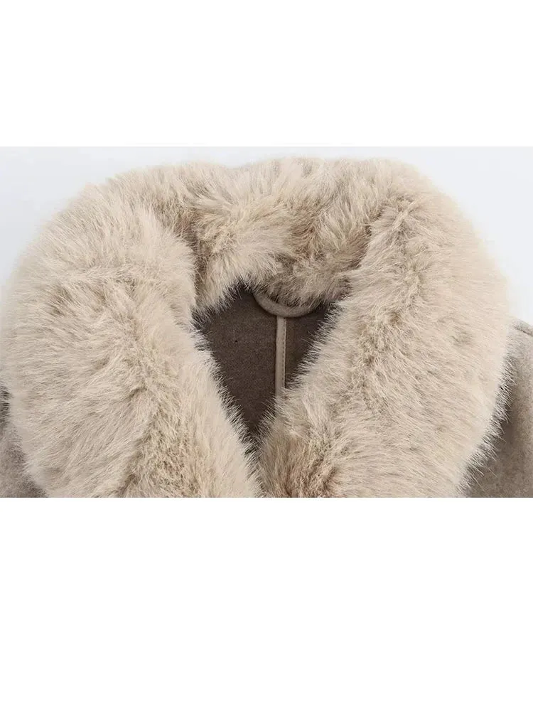 Faux Fur Collar Full Sleeves Belted Long Coat