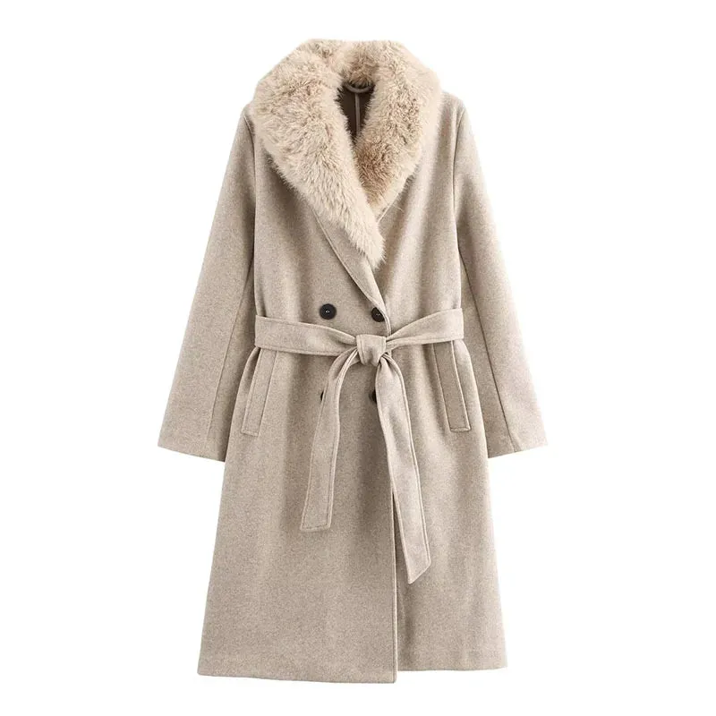 Faux Fur Collar Full Sleeves Belted Long Coat