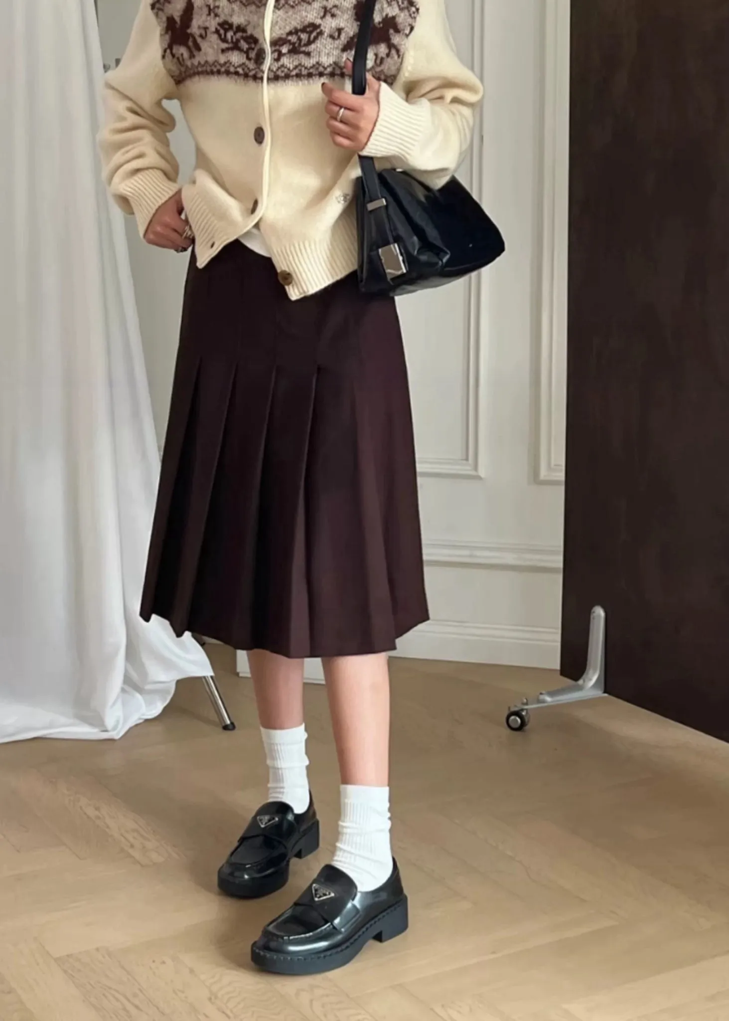 Flannel Pleats Midi Skirt
