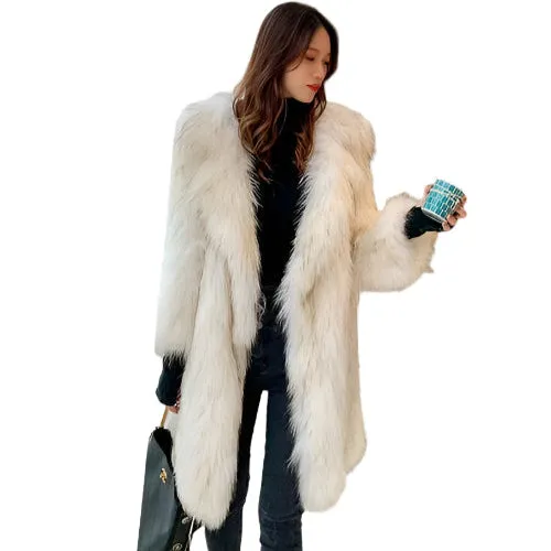 Fox Fur Winter Coat for Women - Long, Warm Raccoon-Style Faux Fur Overcoat, Large Size Casual Windbreaker