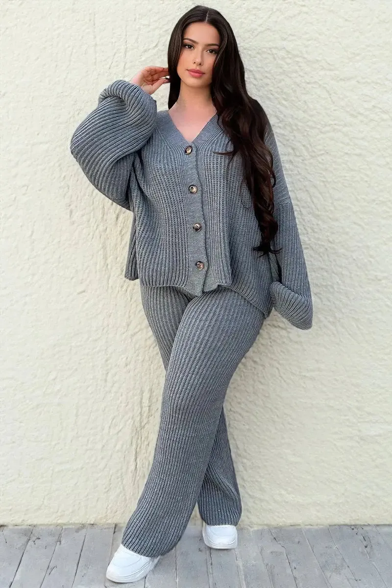 Grey Casual Knit V Neck Cardigan & Loose Trousers Co-ord