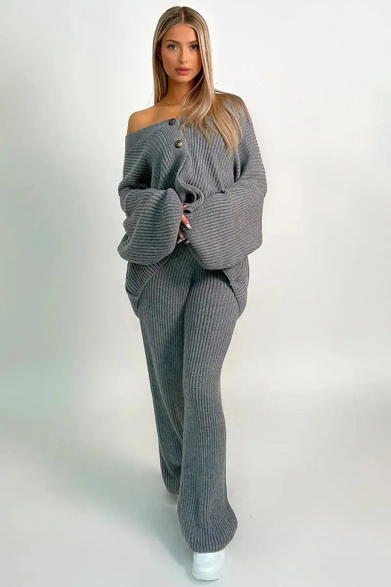 Grey Casual Knit V Neck Cardigan & Loose Trousers Co-ord