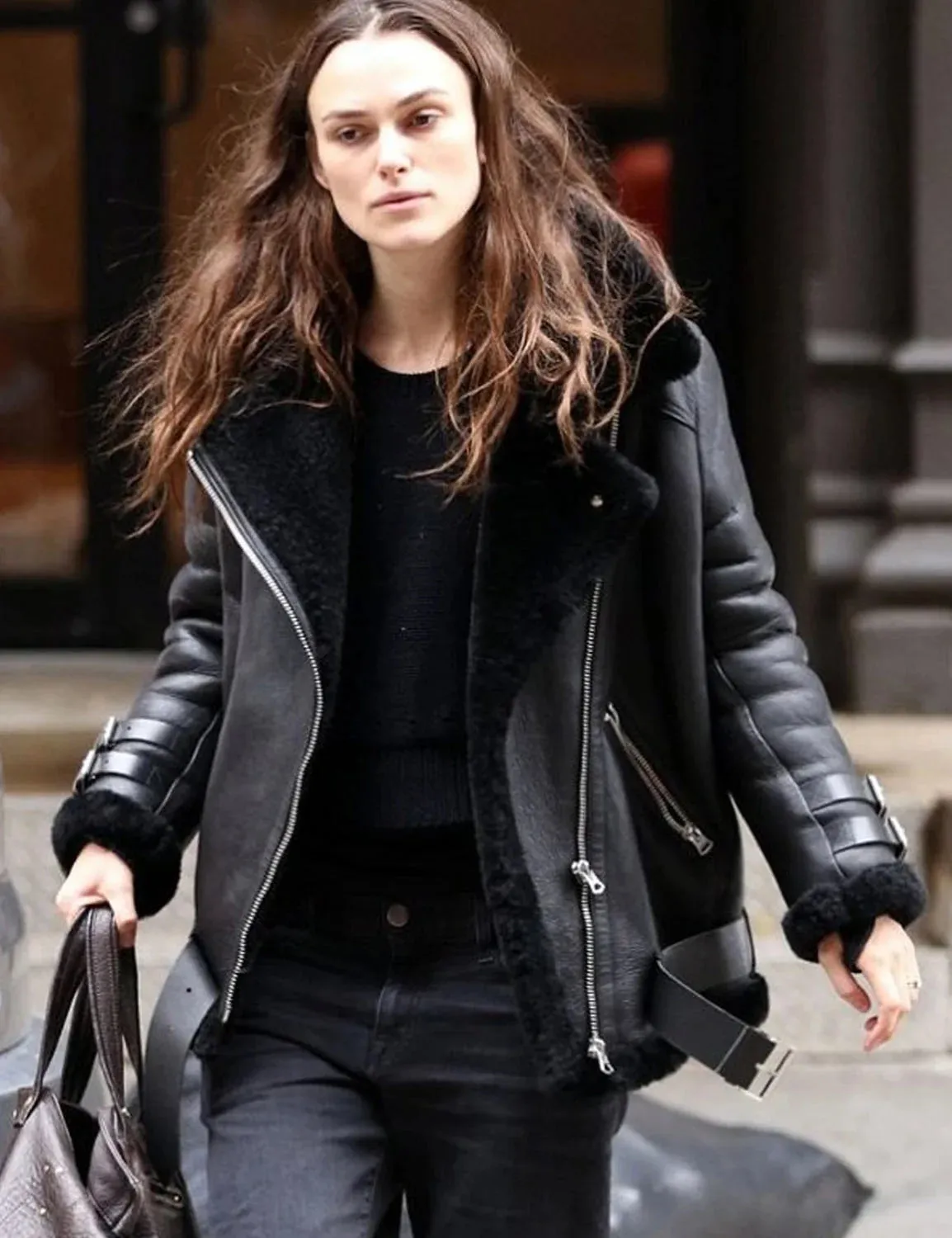 KEIRA KNIGHTLEY BLACK FAUX SHEARLING REAL LEATHER JACKET  | WOMEN CELEBRITY LEATHER JACKET