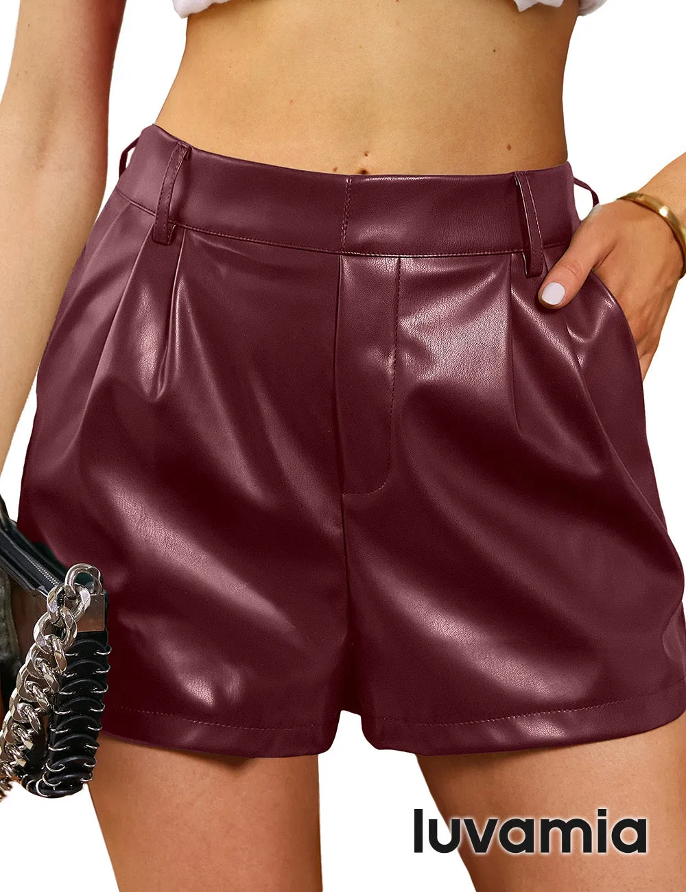 luvamia Faux Leather Shorts for Women High Waist Pleated Wide Leg Stretchy Shorts with Pockets Short PU Leather Pants