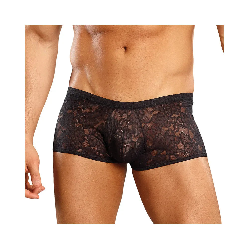 Male Power Stretch Lace Mini Shorts Black Large
